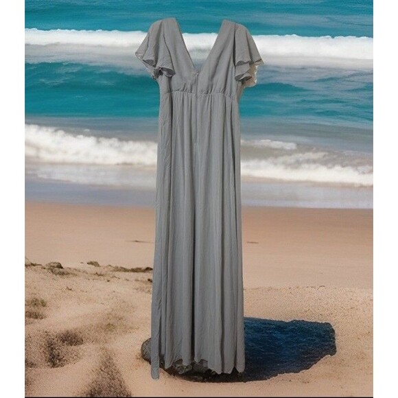Chic Birdy Grey Chiffon Maxi Dress Size M Bridesmaid Pockets Ruffle Sleeve BOHO - Picture 3 of 6